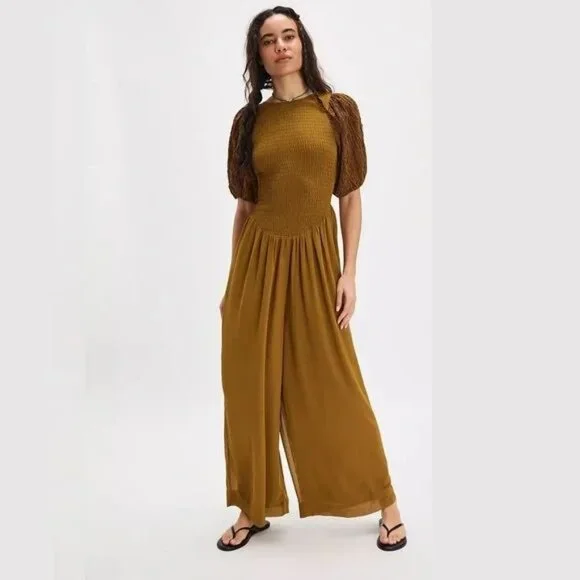 FREE PEOPLE Temperley Puff Sleeve JUMPSUIT Size S Ruched Wide Leg Olive NEW $228 - Picture 2 of 9